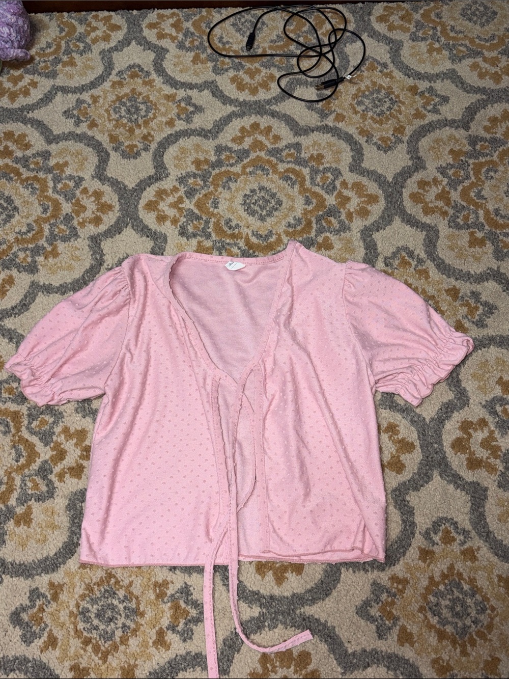 Pink tie front top with puff sleeves